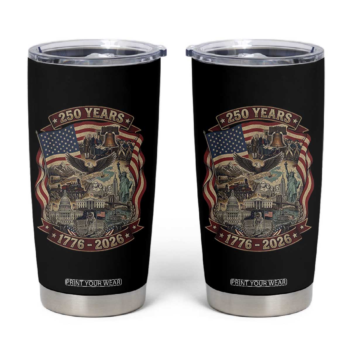 250 Years 1776 to 2026 Ultimate American Landmark Collage Tumbler Cup Liberty Bell Eagle and US Flag Semiquincentennial Patriotic