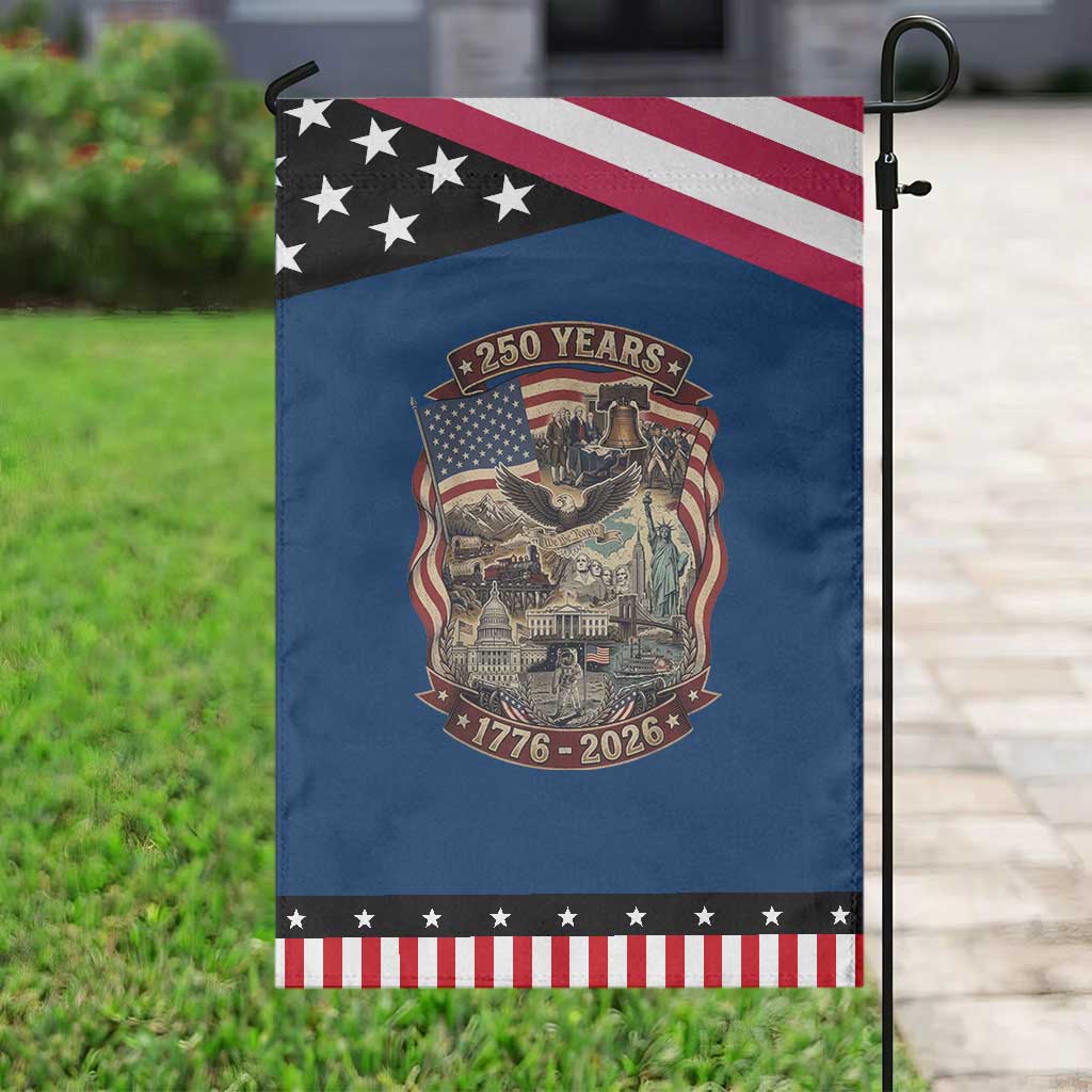 250 Years 1776 to 2026 Ultimate American Landmark Collage Patriotic Garden Flag Liberty Bell Eagle and US Flag Semiquincentennial