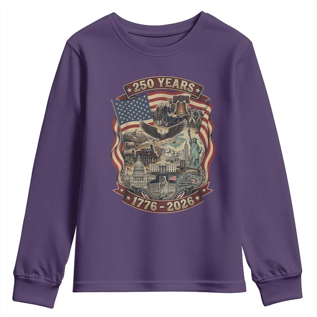 250 Years 1776 to 2026 Ultimate American Landmark Collage Youth Sweatshirt Liberty Bell Eagle and US Flag Semiquincentennial Patriotic TS02 Purple Print Your Wear