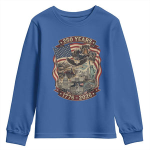250 Years 1776 to 2026 Ultimate American Landmark Collage Youth Sweatshirt Liberty Bell Eagle and US Flag Semiquincentennial Patriotic TS02 Royal Blue Print Your Wear