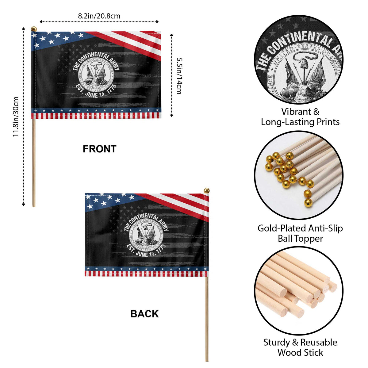 The Continental Army Est 1775 Patriotic Handheld Flag US Military History Graphic
