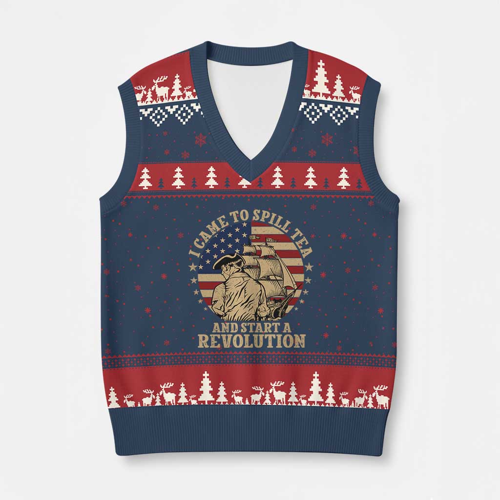 Funny Boston Tea Party V-Neck Knit Sweater Vest I Came To Spill Tea And Start A Revolution Retro Graphic TS02 Navy Red Print Your Wear
