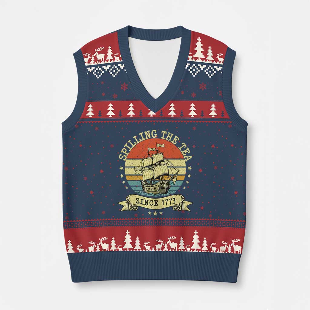 Spilling The Tea Since 1773 V-Neck Knit Sweater Vest Retro Sunset Boston Tea Party History