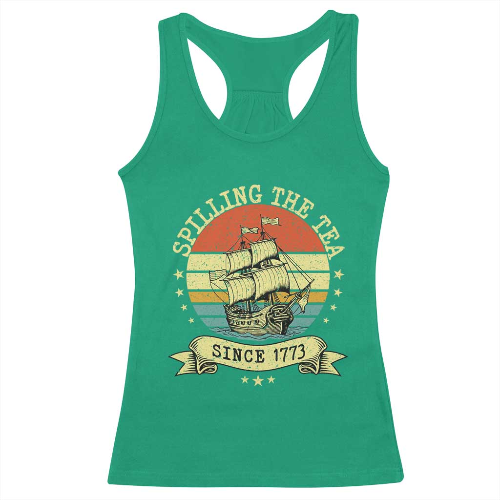 Spilling The Tea Since 1773 Racerback Tank Top Retro Sunset Boston Tea Party History