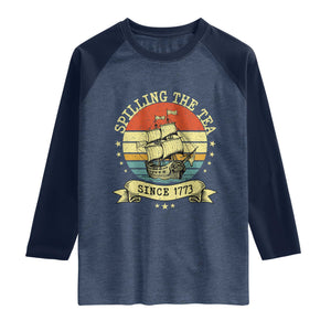 Spilling The Tea Since 1773 Raglan Shirt Retro Sunset Boston Tea Party History