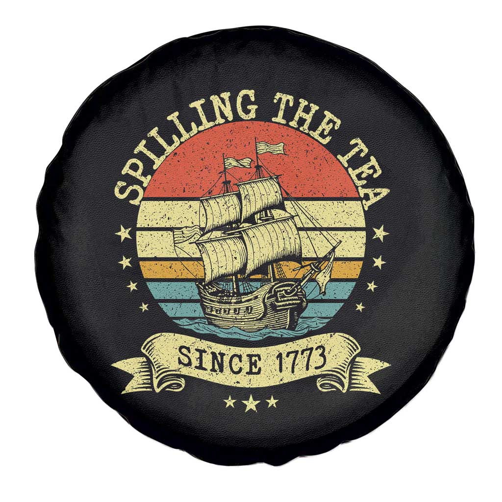 Spilling The Tea Since 1773 Spare Tire Cover Retro Sunset Boston Tea Party History