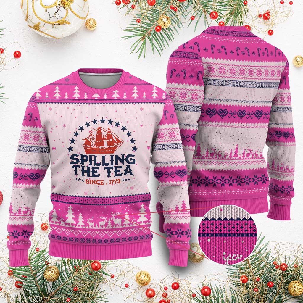 Spilling The Tea Since 1773 Ugly Christmas Sweater Patriotic Nautical Stars American History
