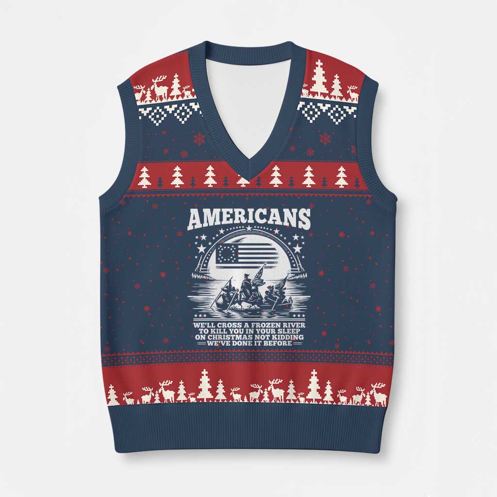Funny Patriotic Military History V-Neck Knit Sweater Vest Americans Crossing A Frozen River To Kill You In Your Sleep On Christmas