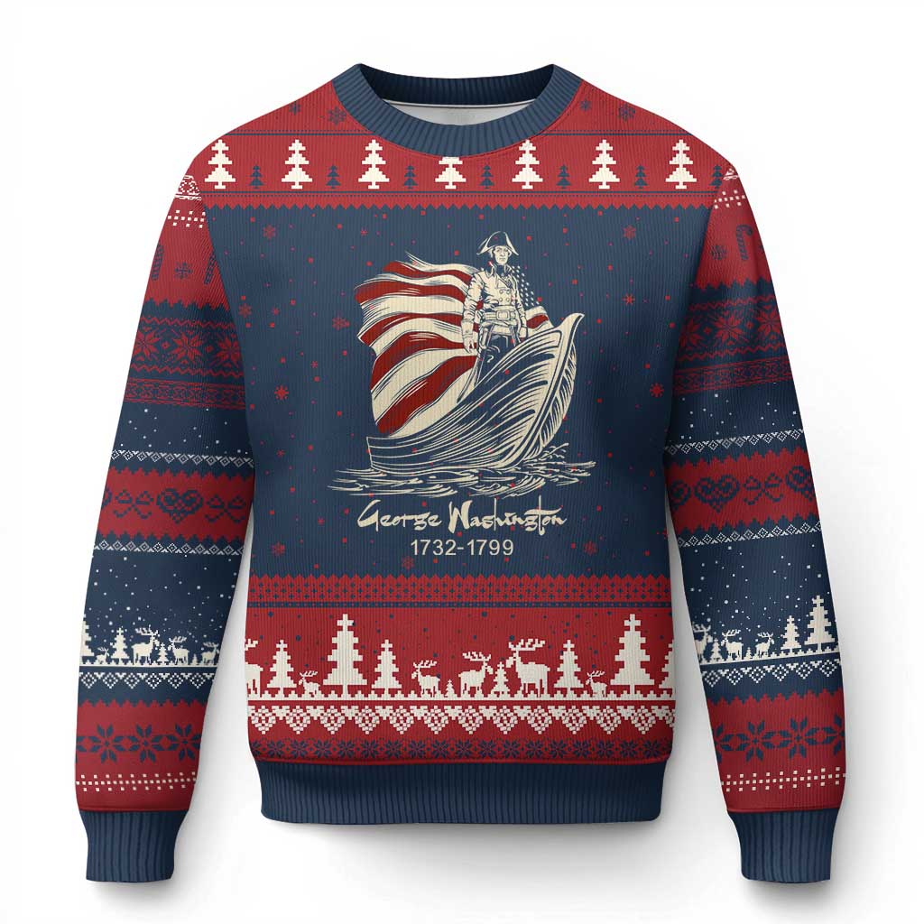 George Washington Crossing The Delaware Patriotic Ugly Christmas Sweater Vintage American Flag Graphic