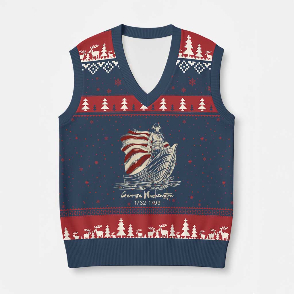George Washington Crossing The Delaware Patriotic V-Neck Knit Sweater Vest Vintage American Flag Graphic TS02 Navy Red Print Your Wear