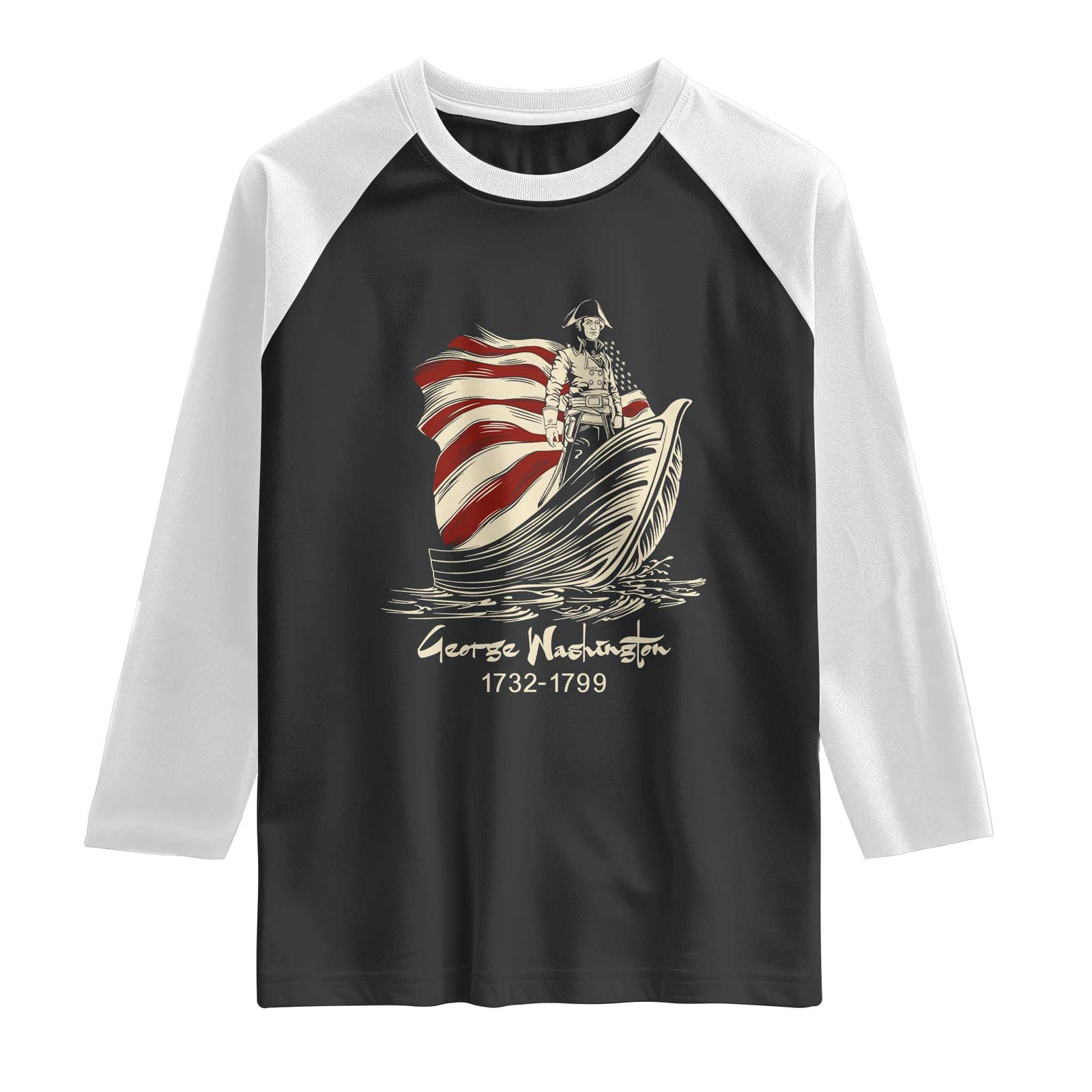 George Washington Crossing The Delaware Patriotic Raglan Shirt Vintage American Flag Graphic TS02 Black White Print Your Wear