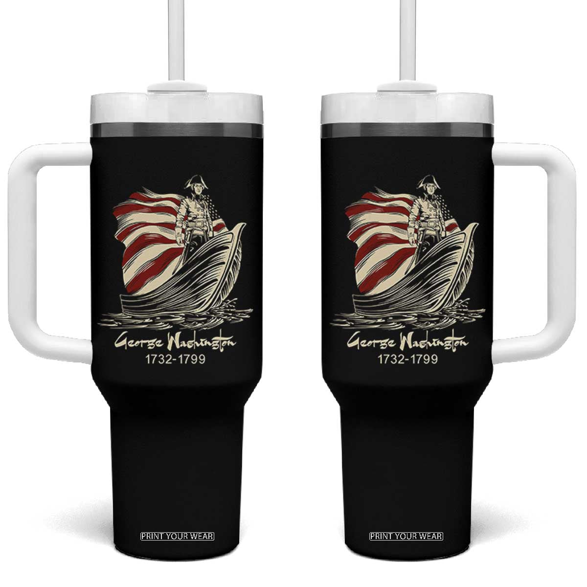 George Washington Crossing The Delaware Patriotic Tumbler With Handle Vintage American Flag Graphic