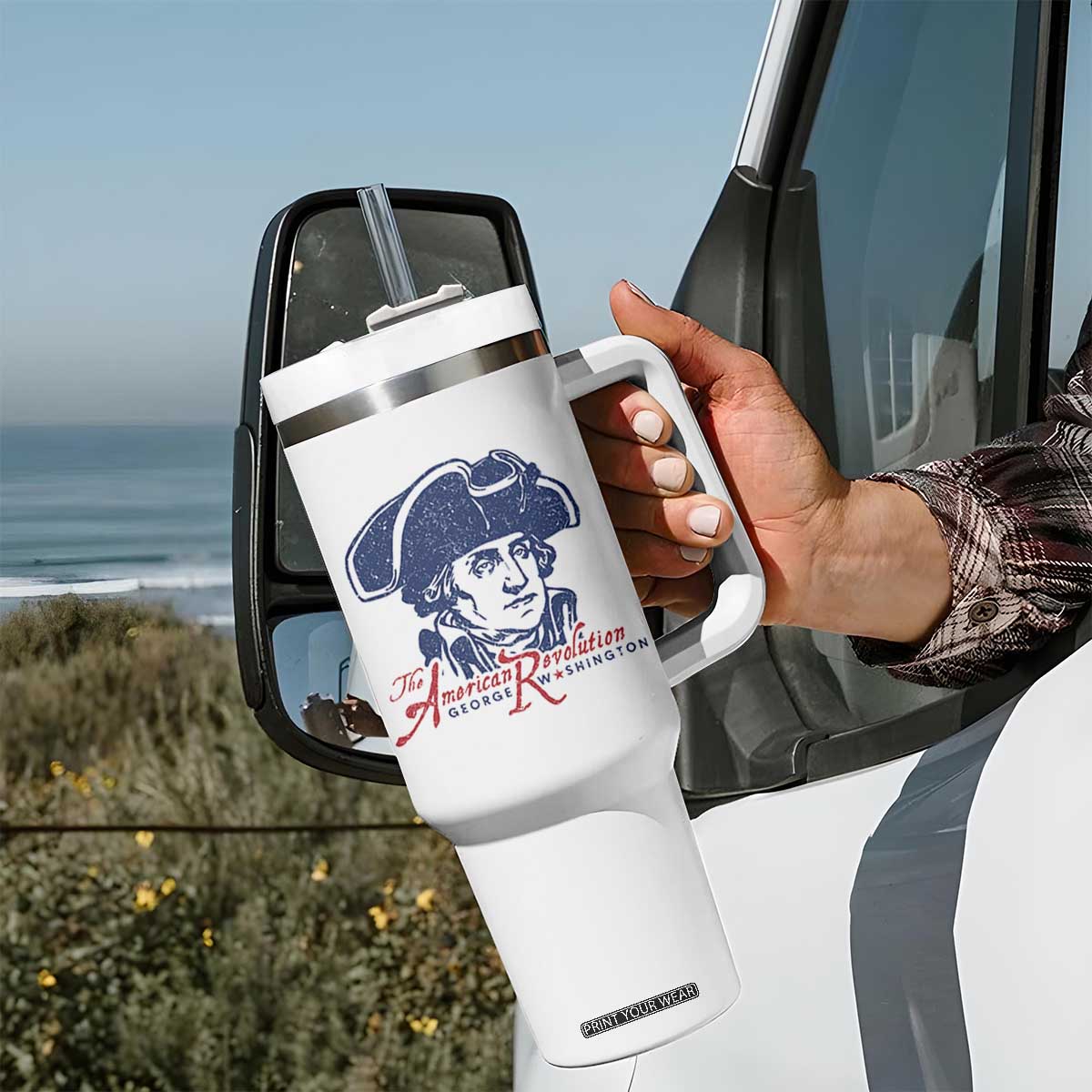 George Washington The American Revolution Tumbler With Handle Distressed Sketch Historic Patriotic Graphic