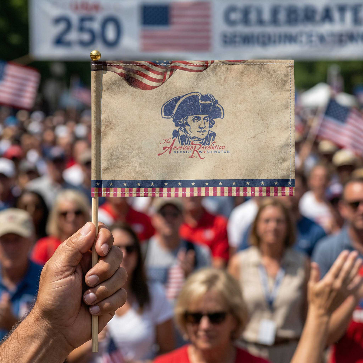George Washington The American Revolution Patriotic Handheld Flag Distressed Sketch Historic Graphic