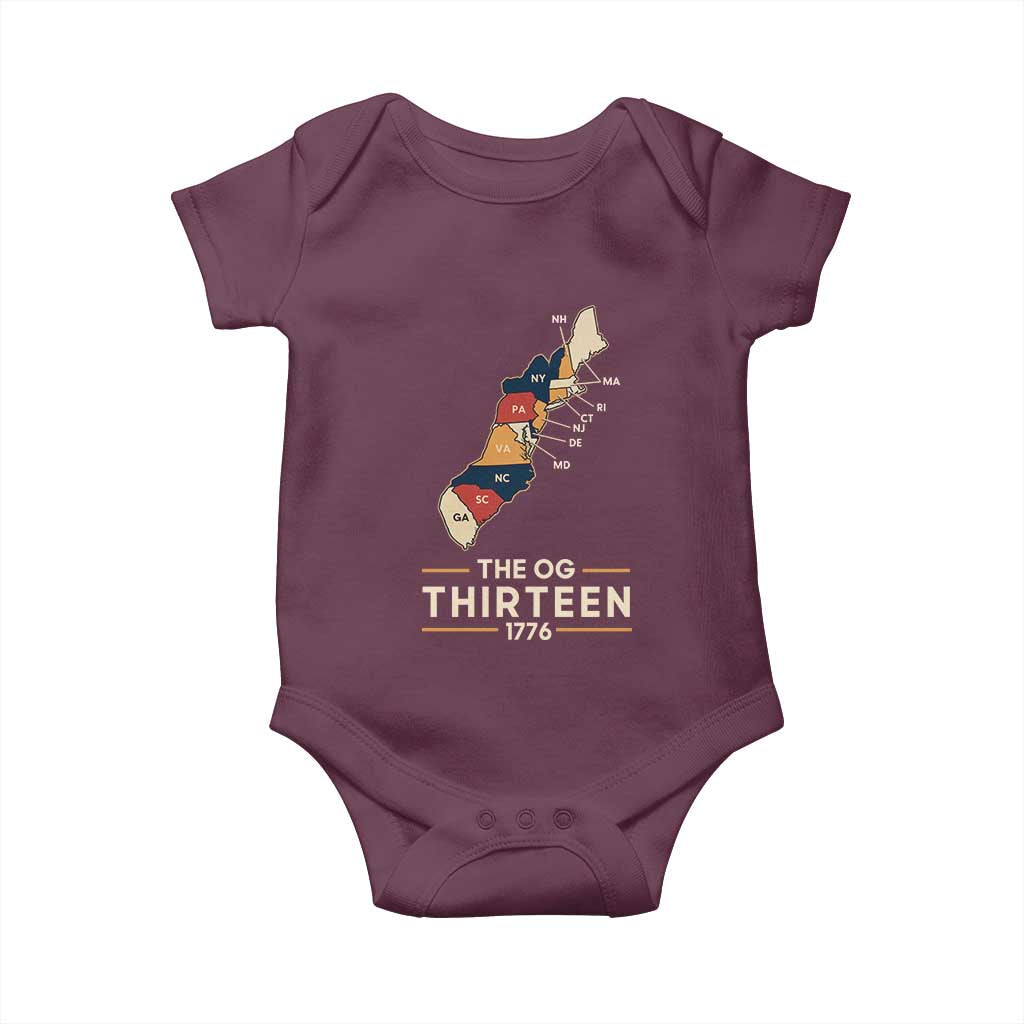 The OG Thirteen 1776 Original Colonies Map Baby Onesie Funny Retro American History