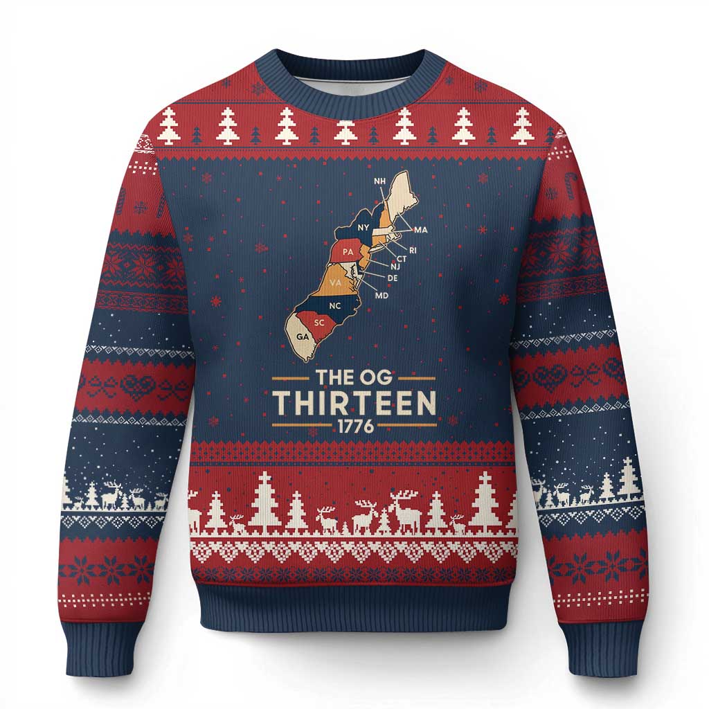 The OG Thirteen 1776 Original Colonies Map Ugly Christmas Sweater Funny Retro American History