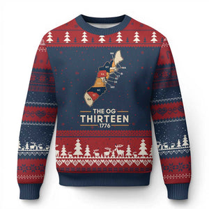 The OG Thirteen 1776 Original Colonies Map Ugly Christmas Sweater Funny Retro American History