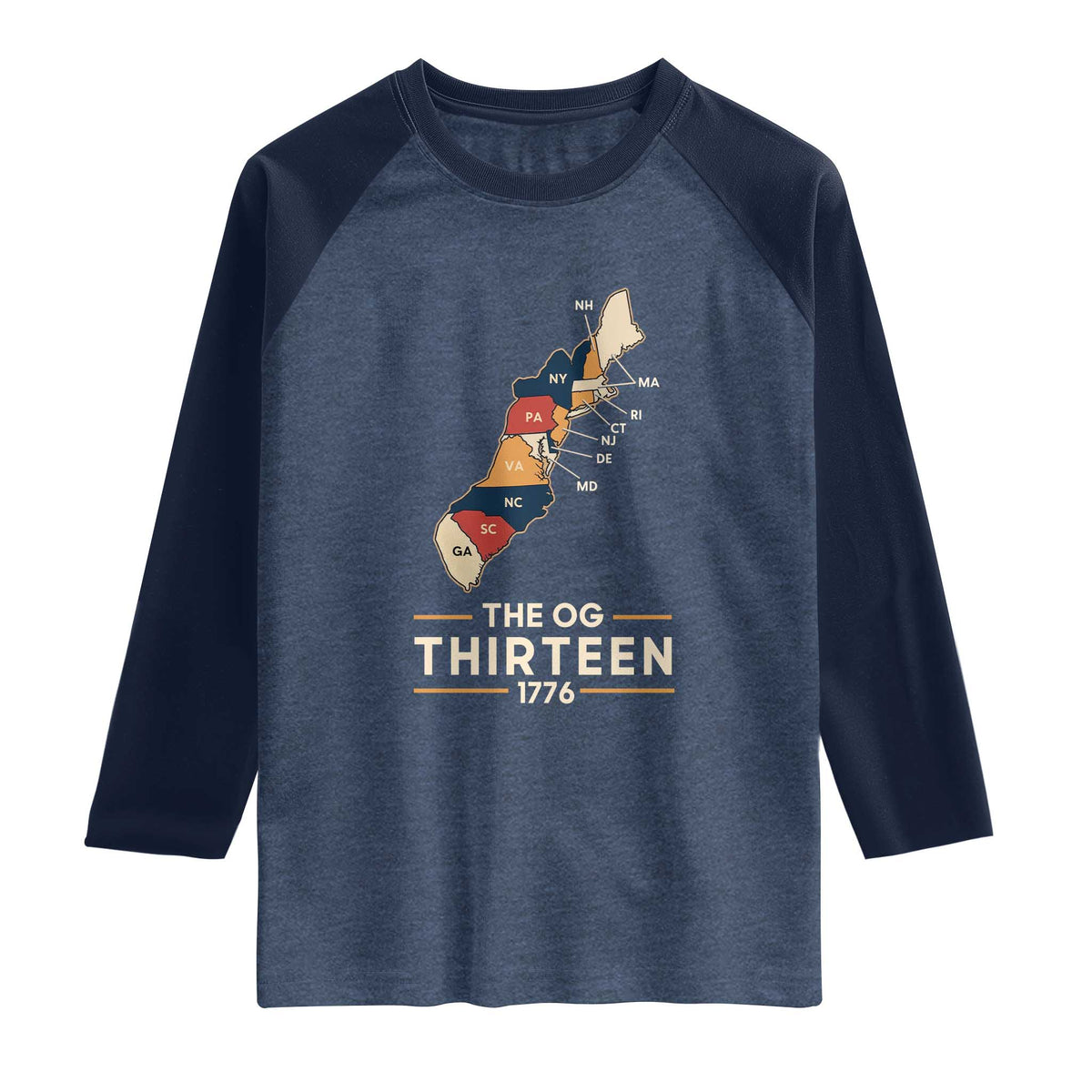 The OG Thirteen 1776 Original Colonies Map Raglan Shirt Funny Retro American History