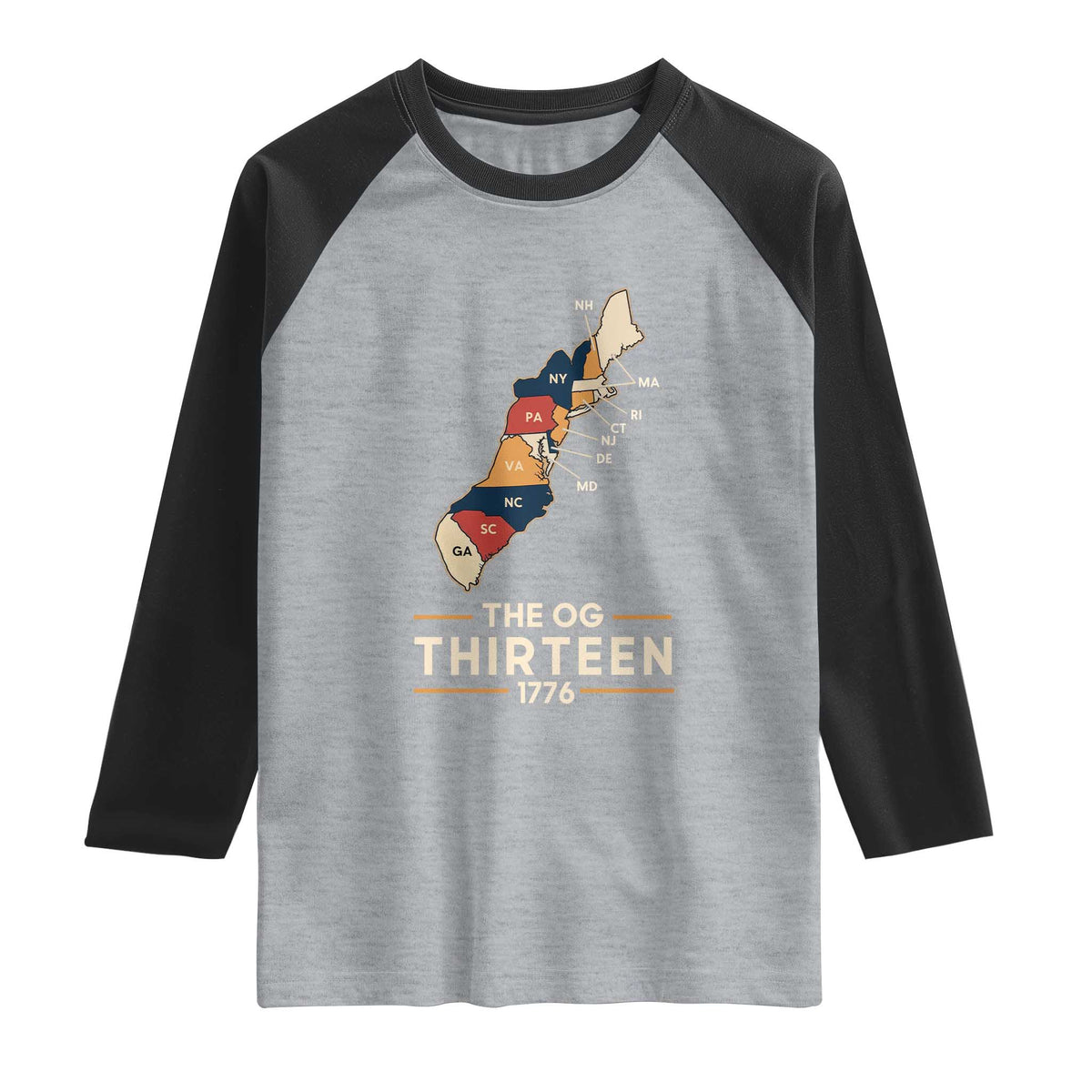 The OG Thirteen 1776 Original Colonies Map Raglan Shirt Funny Retro American History