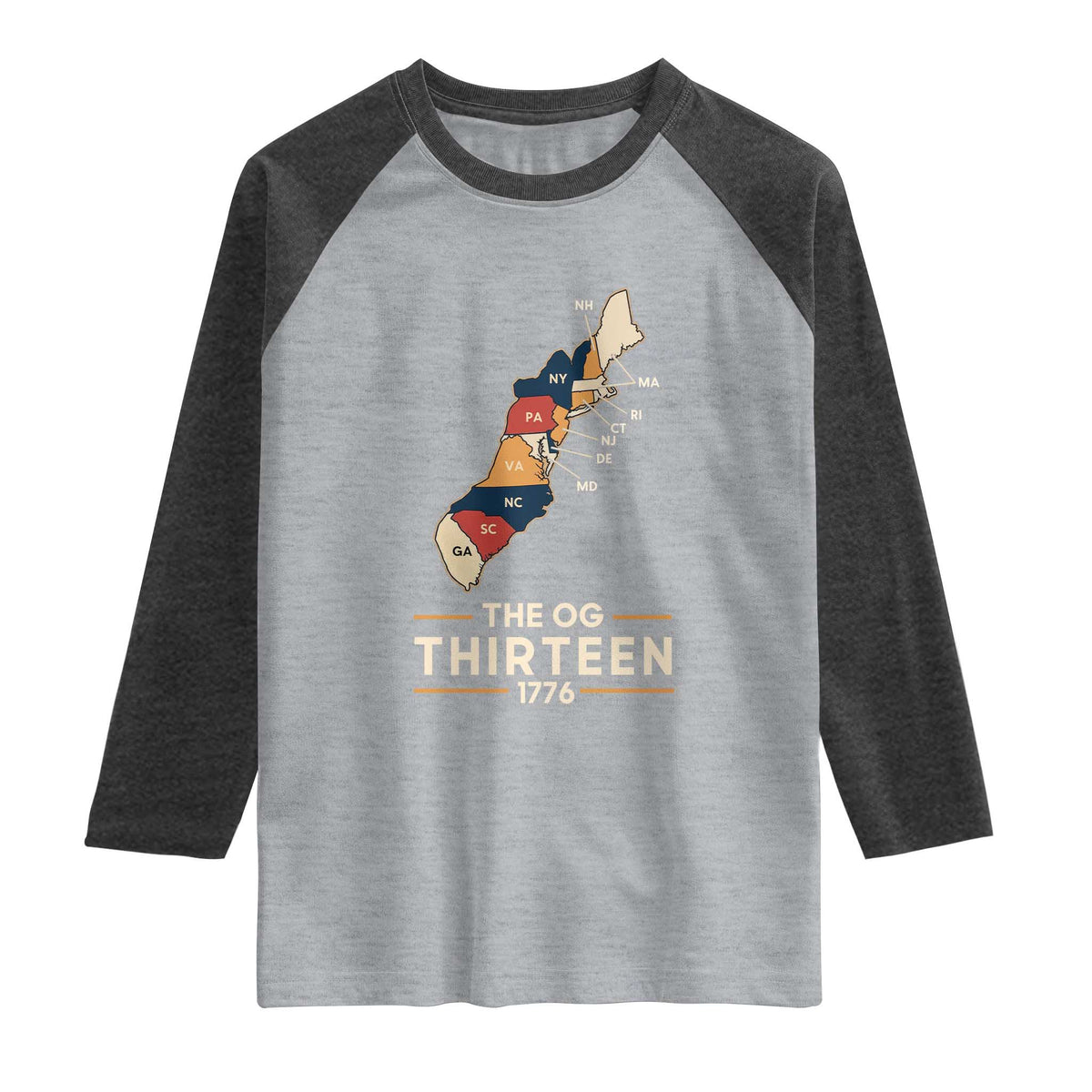The OG Thirteen 1776 Original Colonies Map Raglan Shirt Funny Retro American History