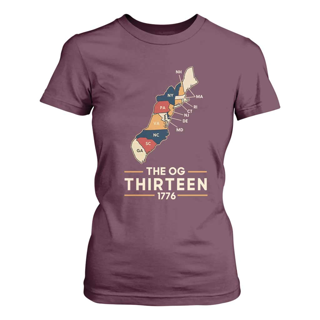 The OG Thirteen 1776 Original Colonies Map T Shirt For Women Funny Retro American History