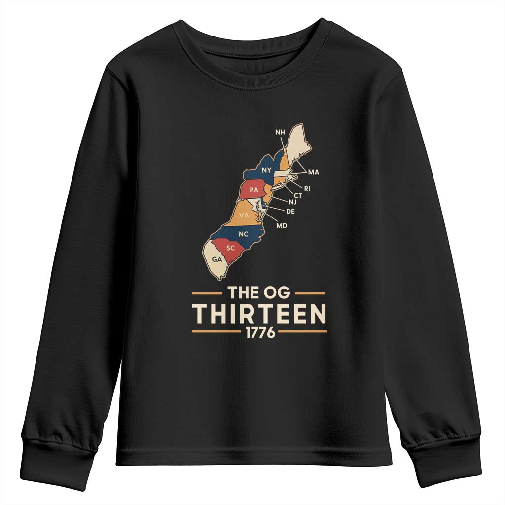 The OG Thirteen 1776 Original Colonies Map Youth Sweatshirt Funny Retro American History