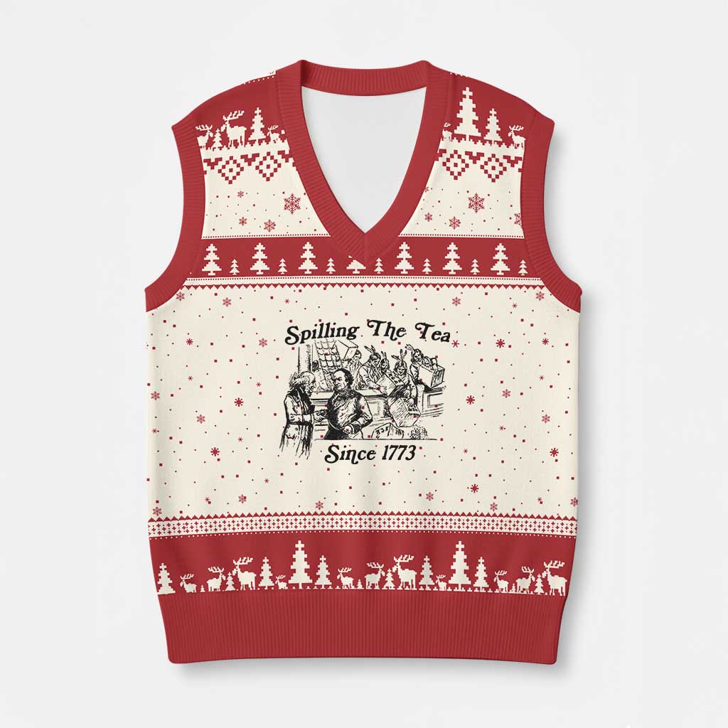 Spilling The Tea Since 1773 V-Neck Knit Sweater Vest Boston Tea Party Vintage Historical Sketch Graphic