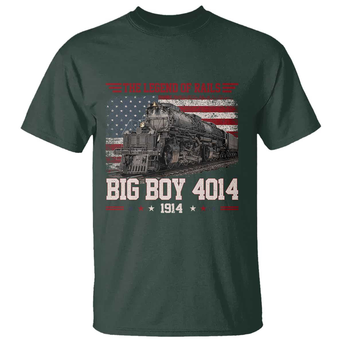 Vintage Steam Locomotive Heritage T Shirt The Legend of Rails American Flag TS02 Dark Forest Green Print Your Wear
