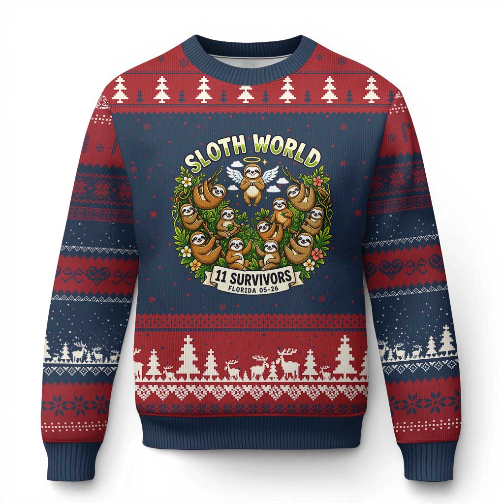 Sloth World 11 Survivors Wildlife Awareness Ugly Christmas Sweater Florida Animal Rights Protest and Support TS02 Navy Red Print Your Wear