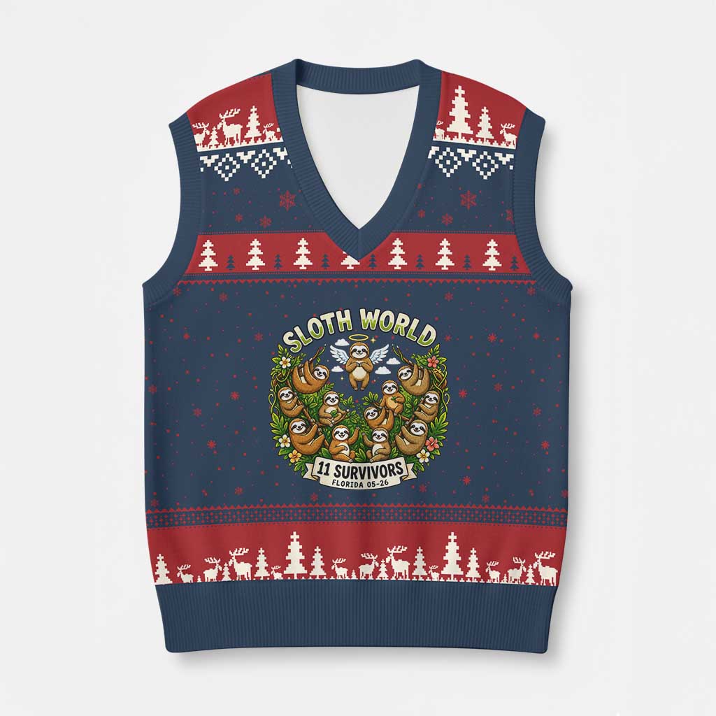 Sloth World 11 Survivors Wildlife Awareness V-Neck Knit Sweater Vest Florida Animal Rights Protest and Support TS02 Navy Red Print Your Wear