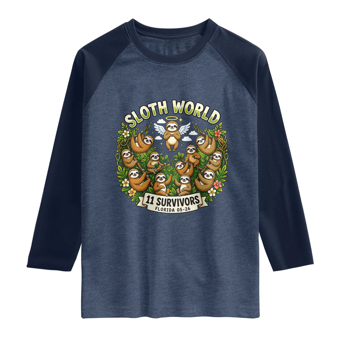Sloth World 11 Survivors Wildlife Awareness Raglan Shirt Florida Animal Rights Protest and Support TS02 Heather Denim Navy Print Your Wear