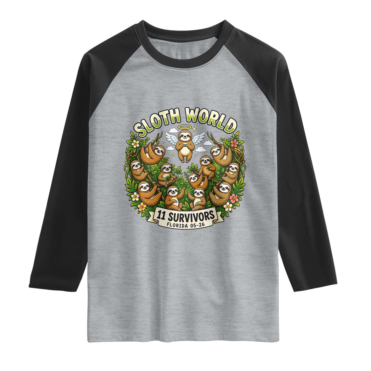 Sloth World 11 Survivors Wildlife Awareness Raglan Shirt Florida Animal Rights Protest and Support TS02 Heather Gray Black Print Your Wear
