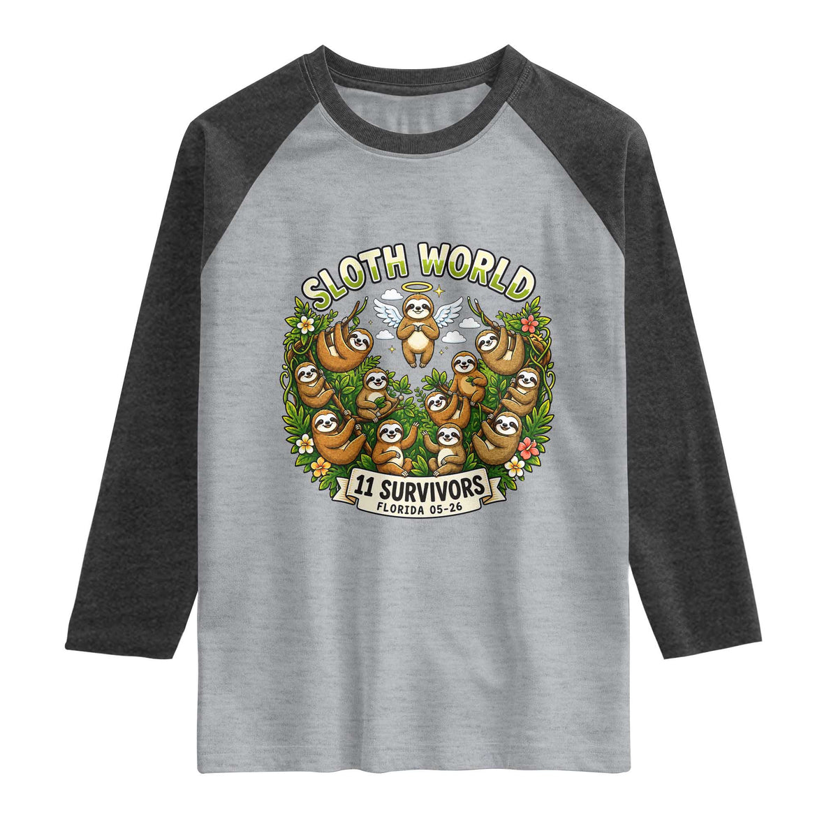 Sloth World 11 Survivors Wildlife Awareness Raglan Shirt Florida Animal Rights Protest and Support TS02 Heather Gray Heather Charcoal Print Your Wear