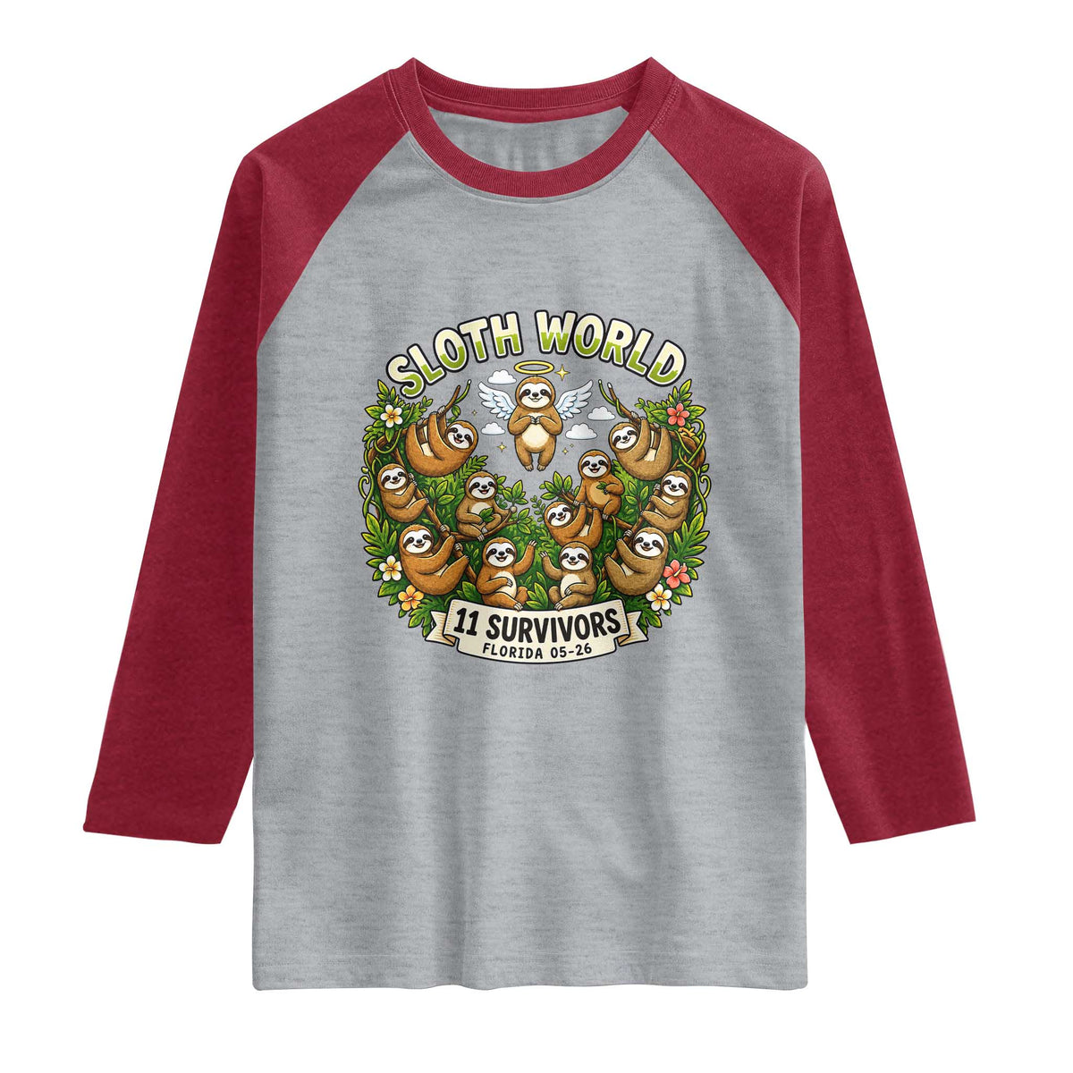 Sloth World 11 Survivors Wildlife Awareness Raglan Shirt Florida Animal Rights Protest and Support TS02 Heather Gray Heather Red Print Your Wear