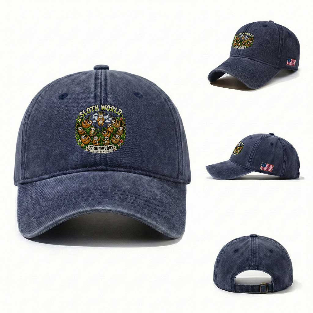 Sloth World 11 Survivors Wildlife Awareness Washed Cotton Baseball Cap Florida Animal Rights Protest and Support