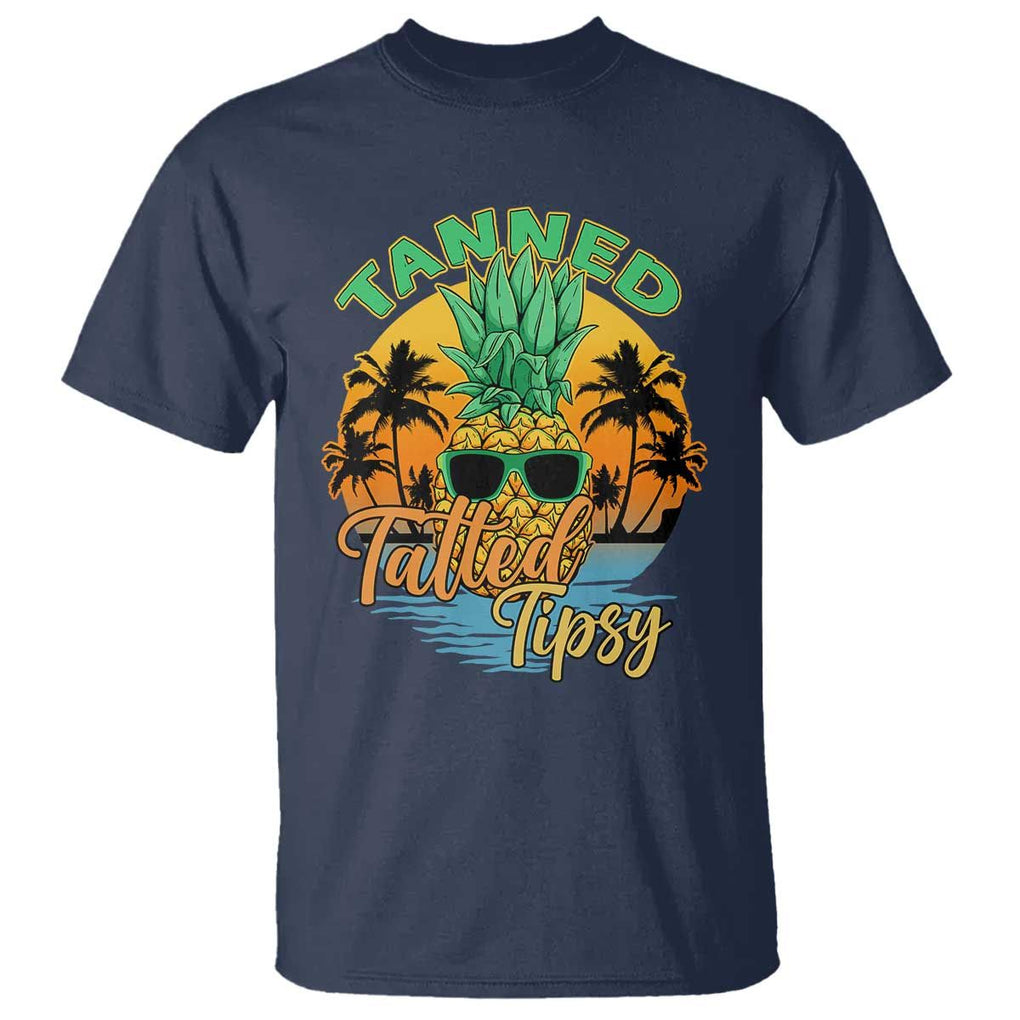 Summer Vibe T Shirt Tanned Tatted Tipsy Funny Pineapple Retro Sunset TS02 Navy Print Your Wear