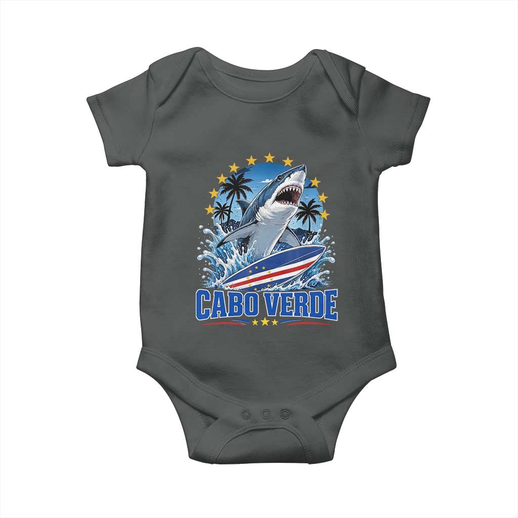 Cabo Verde Surfing Blue Shark Surfboard Baby Onesie Cape Verde Flag Tropical Ocean Wave TS02 Dark Heather Print Your Wear