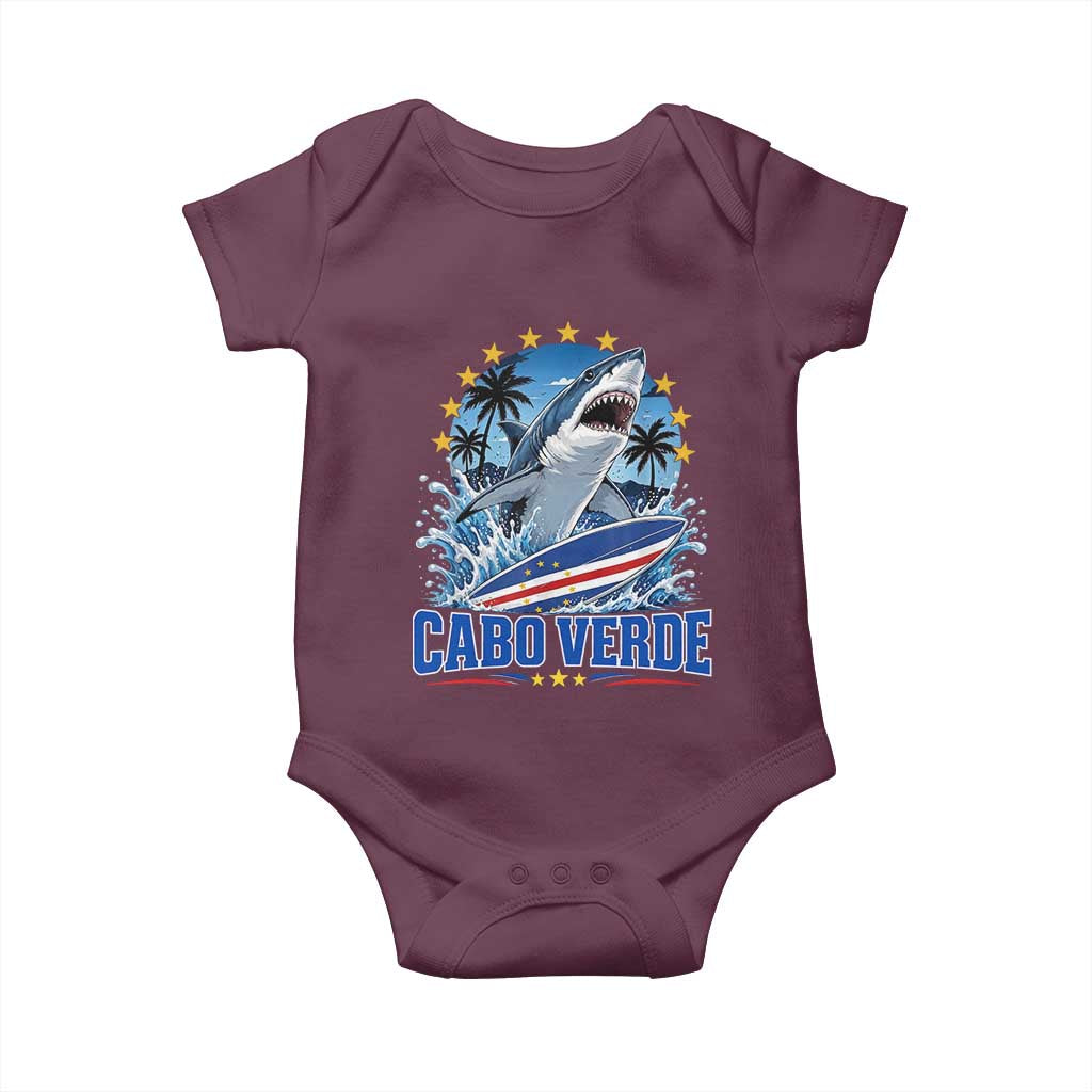Cabo Verde Surfing Blue Shark Surfboard Baby Onesie Cape Verde Flag Tropical Ocean Wave TS02 Maroon Print Your Wear