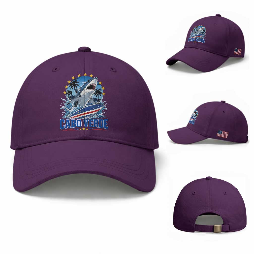 Cabo Verde Surfing Blue Shark Surfboard Baseball Cap Cape Verde Flag Tropical Ocean Wave TS02 Baseball Cap Universal Fit Purple Print Your Wear