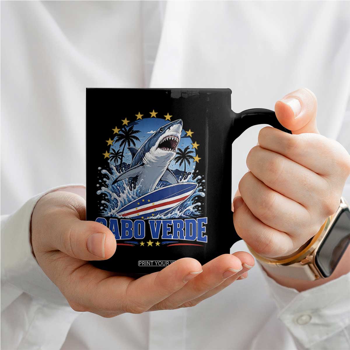 Cabo Verde Surfing Blue Shark Surfboard Coffee Mug Cape Verde Flag Tropical Ocean Wave TS02 Print Your Wear