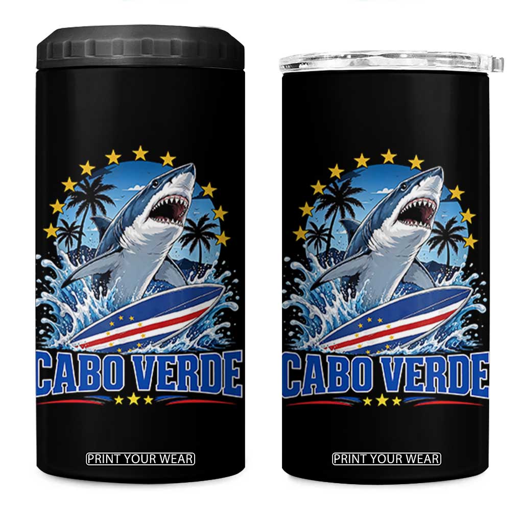 Cabo Verde Surfing Blue Shark Surfboard 4 in 1 Can Cooler Tumbler Cape Verde Flag Tropical Ocean Wave TS02 One Size: 16 oz Black Print Your Wear