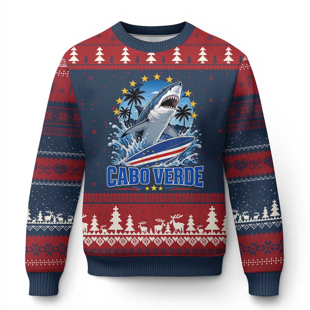 Cabo Verde Surfing Blue Shark Surfboard Ugly Christmas Sweater Cape Verde Flag Tropical Ocean Wave TS02 Navy Red Print Your Wear