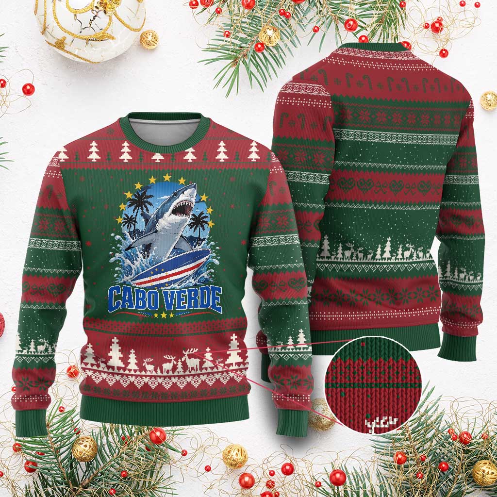 Cabo Verde Surfing Blue Shark Surfboard Ugly Christmas Sweater Cape Verde Flag Tropical Ocean Wave TS02 Red Green Print Your Wear