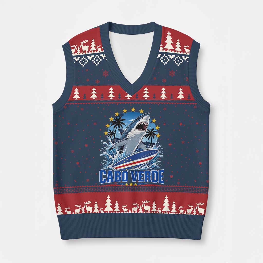 Cabo Verde Surfing Blue Shark Surfboard V-Neck Knit Sweater Vest Cape Verde Flag Tropical Ocean Wave TS02 Navy Red Print Your Wear