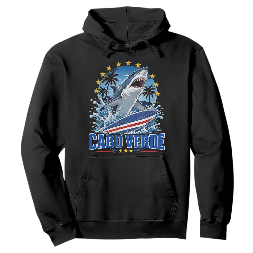 Cabo Verde Surfing Blue Shark Surfboard Hoodie Cape Verde Flag Tropical Ocean Wave TS02 Black Print Your Wear