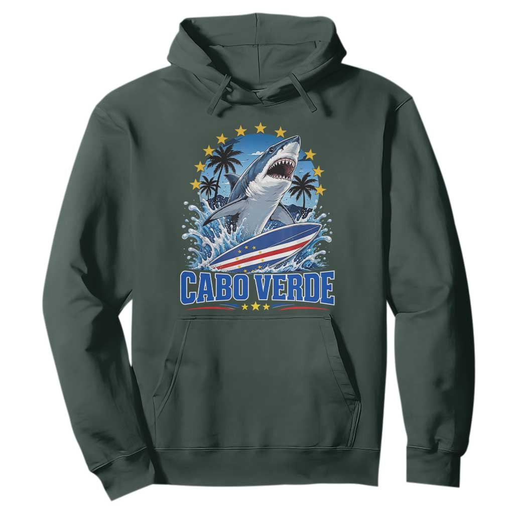 Cabo Verde Surfing Blue Shark Surfboard Hoodie Cape Verde Flag Tropical Ocean Wave TS02 Dark Forest Green Print Your Wear