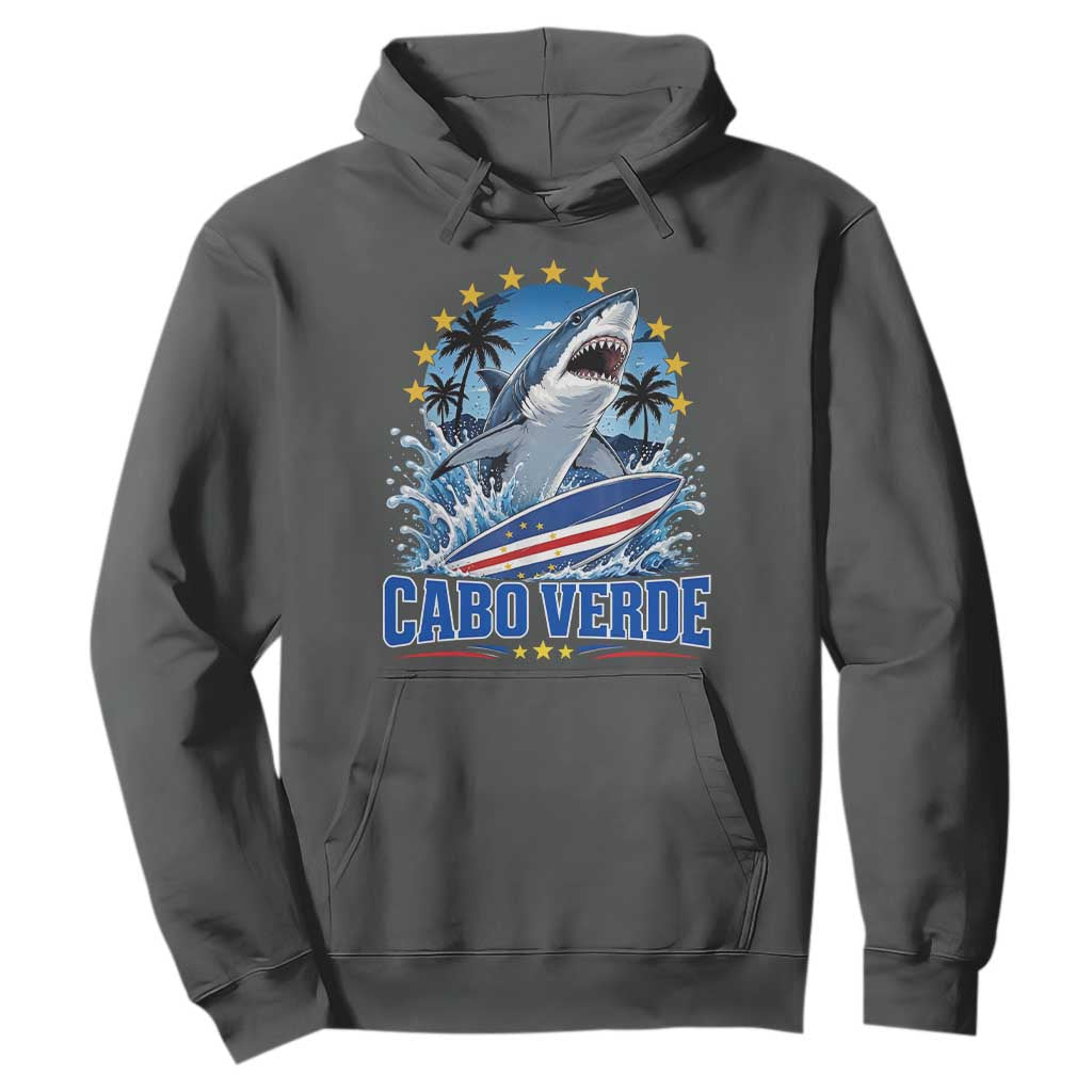 Cabo Verde Surfing Blue Shark Surfboard Hoodie Cape Verde Flag Tropical Ocean Wave TS02 Dark Heather Print Your Wear