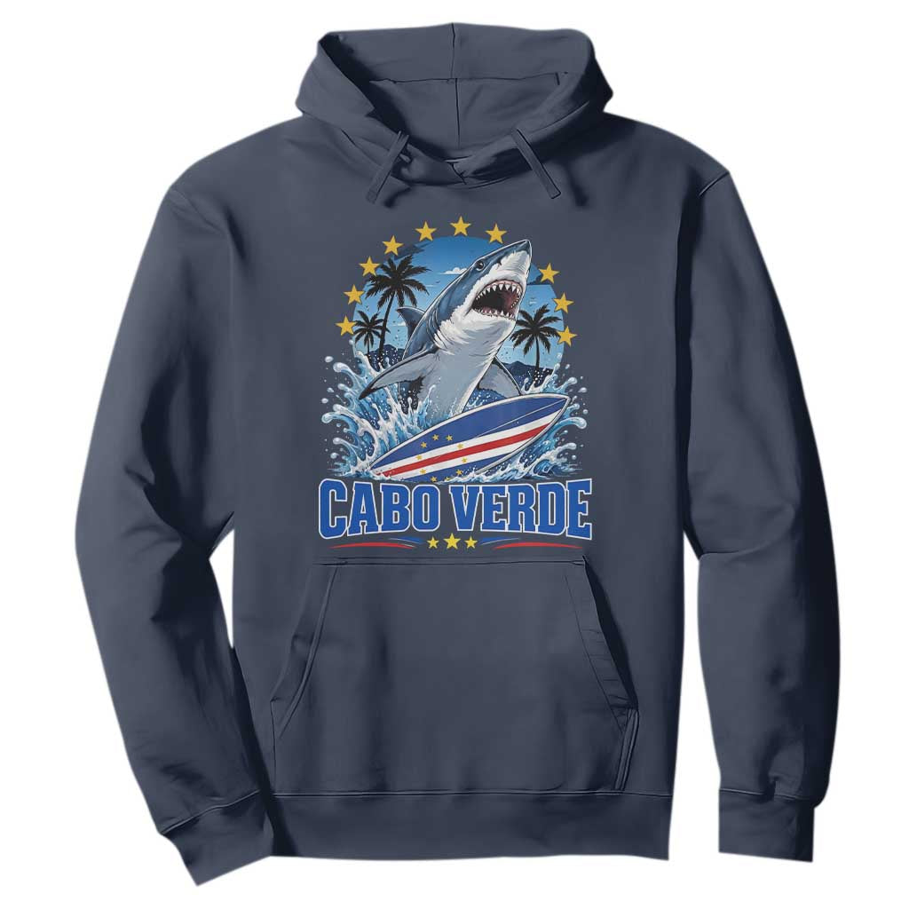 Cabo Verde Surfing Blue Shark Surfboard Hoodie Cape Verde Flag Tropical Ocean Wave TS02 Navy Print Your Wear