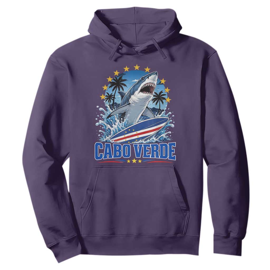 Cabo Verde Surfing Blue Shark Surfboard Hoodie Cape Verde Flag Tropical Ocean Wave TS02 Purple Print Your Wear