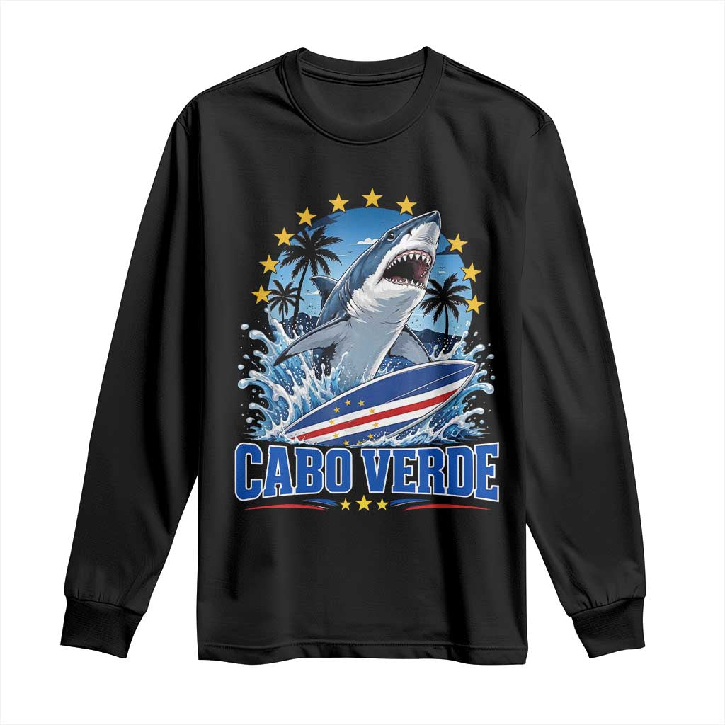 Cabo Verde Surfing Blue Shark Surfboard Long Sleeve Shirt Cape Verde Flag Tropical Ocean Wave TS02 Black Print Your Wear